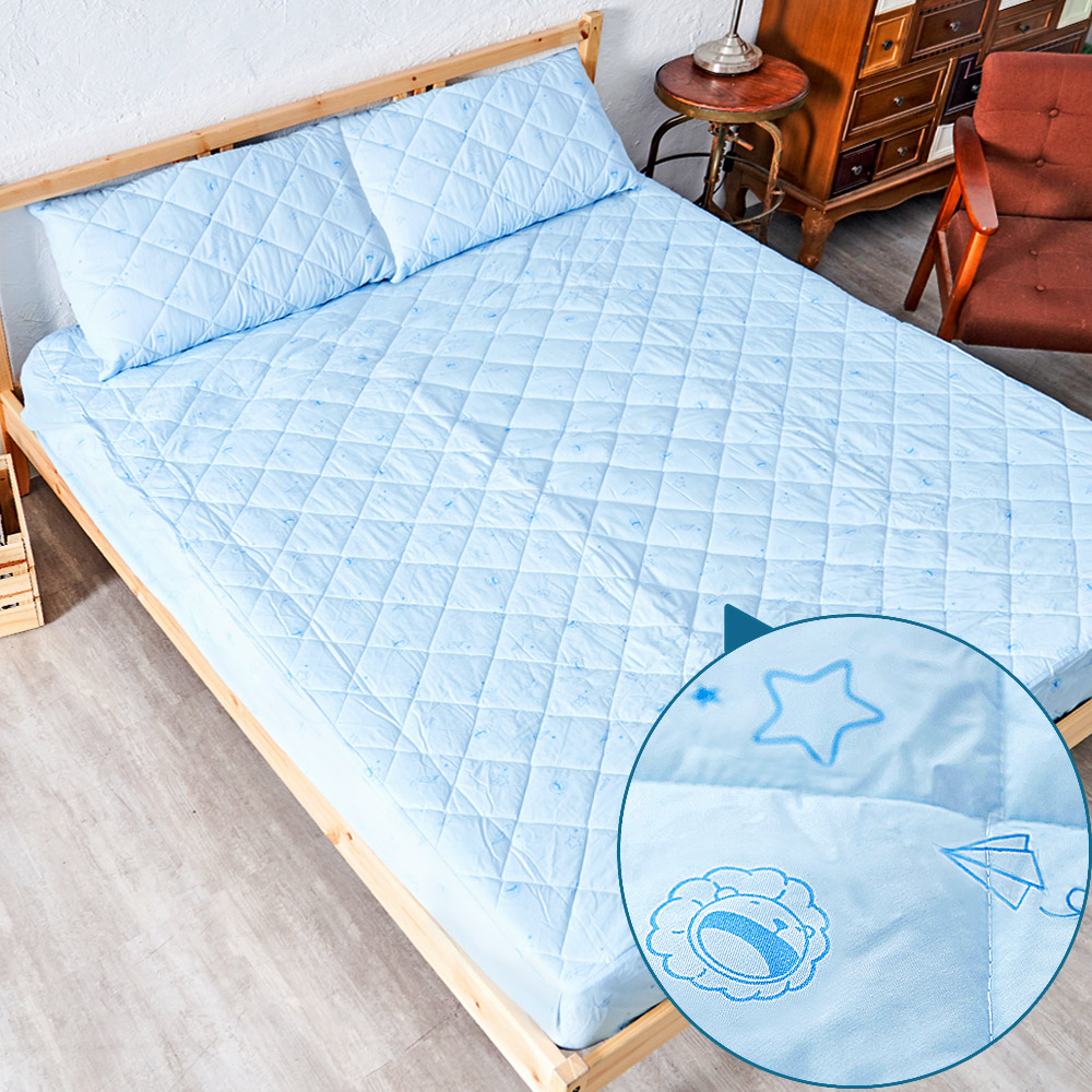 【奶油獅】星空飛行-台灣製造-美國抗菌防污鋪棉保潔墊床包三件組-雙人5尺-藍