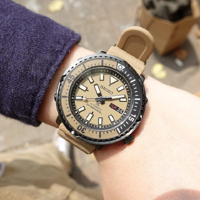 SEIKO 精工 / 4R36-08A0Q / PROSPEX 鮪魚罐頭 潛水 機械錶 日期星期 矽膠手錶 卡其色 43mm