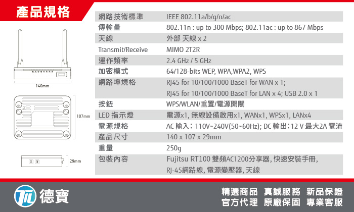 Fujitsu 富士通 Rt100 Ac1200 雙頻雙giga 無線分享器 Pchome 24h購物