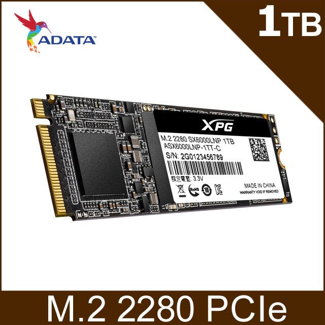 ADATA威剛XPG SX6000 Lite 1TB M.2 2280 PCIe SSD固態硬碟(送散熱片 