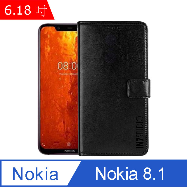 IN7 瘋馬紋 Nokia 8.1 (6.18吋) 錢包式 磁扣側掀PU皮套 吊飾孔 手機皮套保護殼-黑色