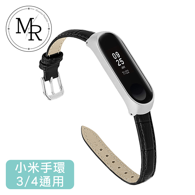 MR 小米手環3/4通用簡約鱷魚皮紋運動替換錶帶(黑)