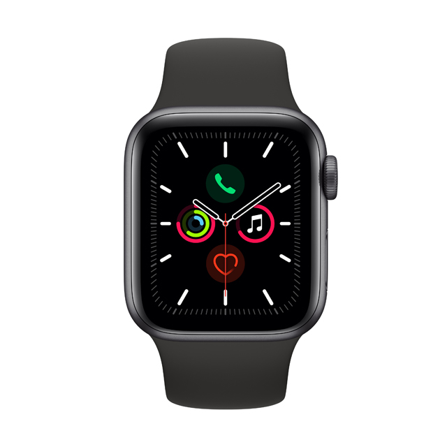 Apple Watch Series 5 44公釐太空灰色鋁金屬錶殼搭配黑色運動型錶帶(GPS版)